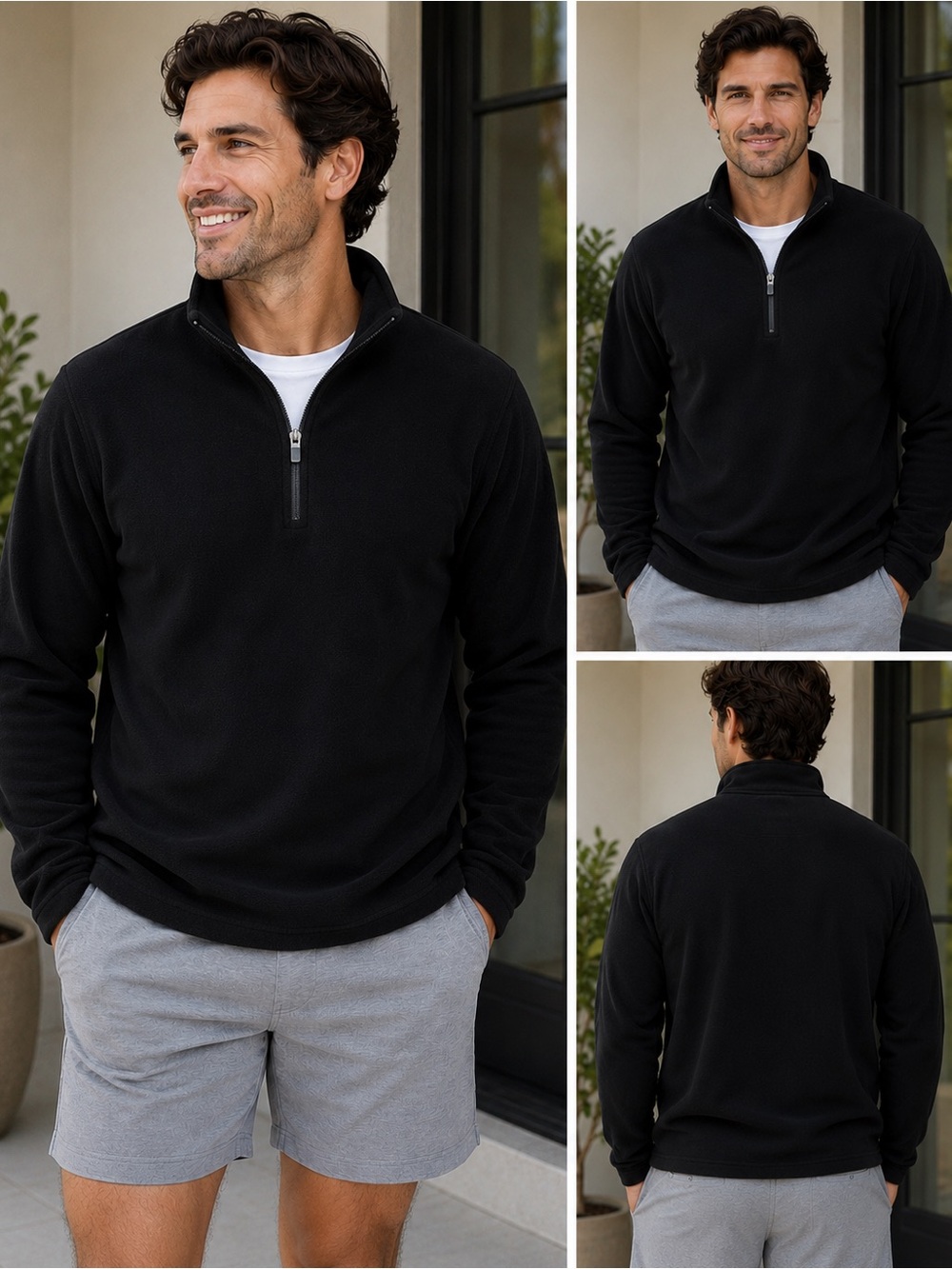 Lands End Men's Black Quarter-Zip Fleece Sweater